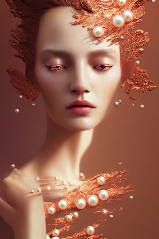 Prompt: 3 d, flowning fashion model, flame, liquid rose gold, pearls, morning, vogue cover style, poster art, high detail, intricate oil painting, multiple exposure, heaven mood, hyperrealism, 3 d, by tooth wu and wlop and beeple and greg rutkowski