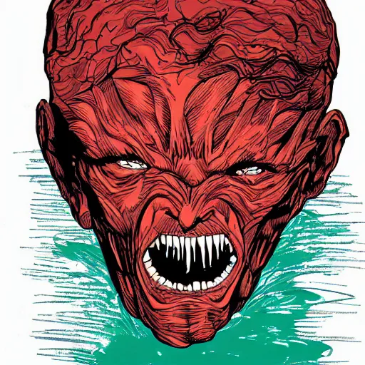 Image similar to by laurie greasley energetic. a beautiful painting of a giant head. the head is bald & has a big nose. the eyes are wide open & have a crazy look. the mouth is open & has sharp teeth. the neck is long & thin.