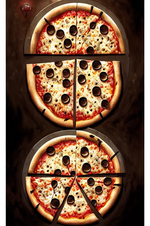 Image similar to pizza by greg rutkowski, giger, maxim verehin