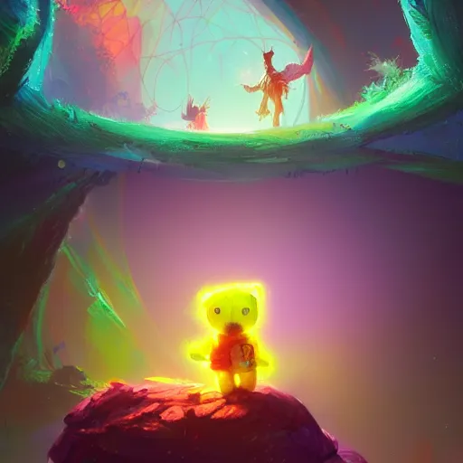 Prompt: a beautiful colorful interesting detailed sci-fi storybook fantasy scene of a teddy bear wearing a backpack coming out of a portal to Wonderland, magic the gathering, Marc Simonetti and Anato Finnstark, neon pastel color palette, vibrant 8k rendering, Pixar concept art, trending on artstation HQ