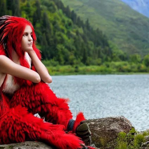 Image similar to harpy, red feathered wings, young woman, wearing Inka clothes, sad expression, sitting at a pond, mountainous area, trees in the background, trending on artstation