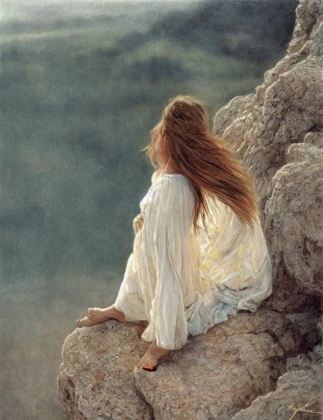 Prompt: peasant barefoot girl with long blowing hair standing on the edge of rock, cottage core, cinematic focus, polaroid photo bleached vintage pastel colors high - key lighting, soft lights, foggy, by steve hanks, by lisa yuskavage, by serov valentin, by tarkovsky, 8 k render, detailed, oil on canvas