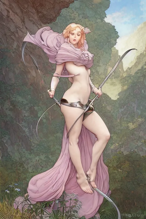 Prompt: full - body matte portrait of a voluptuous cattie - brie of mithril hall in a heroic pose holding a silver bow, tied leather armor, by artgerm, andreas rocha, greg rutkowski, mucha. pink quartz mountains in the far in the background, forest in the foreground, sharp edges. ultra clear detailed. 8 k. elegant. octane render