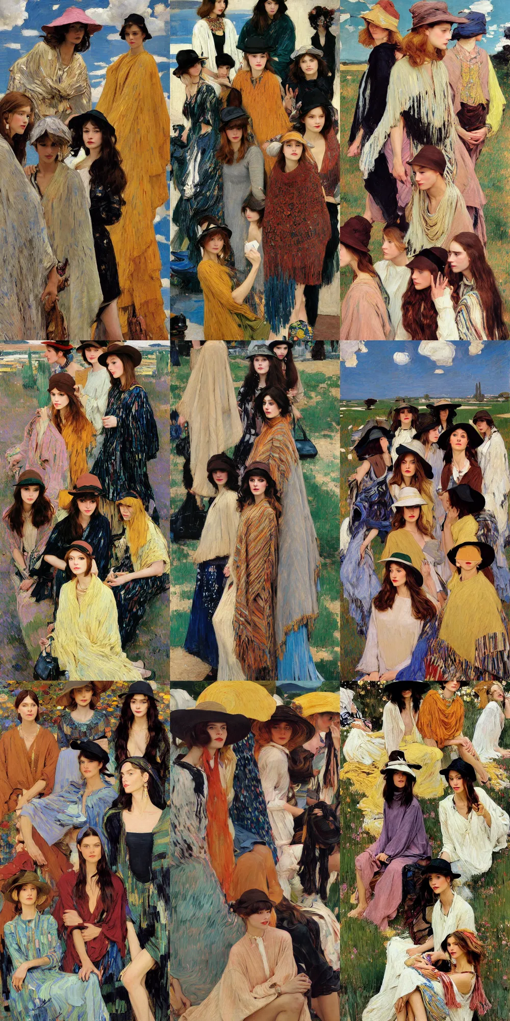 Image similar to portrait of group of fashionable young womans wearing rich jewerly hat and boho poncho, concrete hitech interior, 1970s fashion, sitting dynamic pose, Low poly, thunder clouds in the sky, artwork by Joaquin Sorolla and john william waterhouse and Denis Sarazhin and klimt and rhads and van gogh and Dean Ellis and Detmold Charles Maurice, levitation, industrial rusty pipes, simple form, brutal shapes