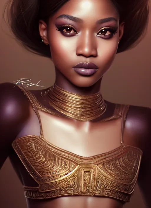 Image similar to portrait of princess, intricate, sharp focus, octane render, realistic, photo, detailed, beautiful, brown skin, unreal engine, symmetrical!!, loreal, maybelline, sephora, loreal, artstation, art by artgerm, rossdraws, makeup by pat mcgrath, cinematic, concept art, filmic, vsco