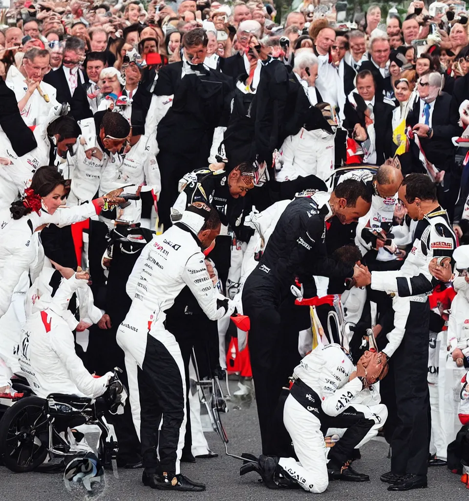 Image similar to A portrait of Lewis Hamilton in his racing uniform being knighted by the queen by Banksy