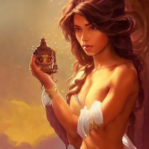 Image similar to a young female brown skinned brown haired genie, with abs, emerging from a lamp intricate, elegant, highly detailed, digital painting, artstation, concept art, smooth, sharp focus, illustration, art by artgerm and greg rutkowski and alphonse mucha