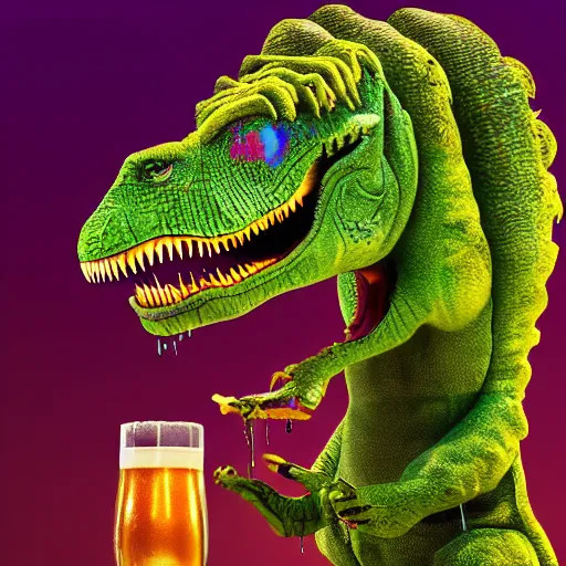 Prompt: hipster t - rex drinking a giant ipa, hops growing everywhere, intricate complexity, inverted rainbow drip paint, trending on art station, photoreal, 8 k, octane render