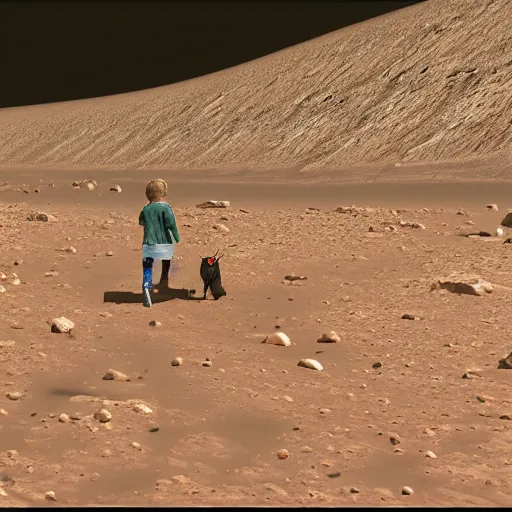 Prompt: Near the human settlement on Mars, a child taking his dog for a walk