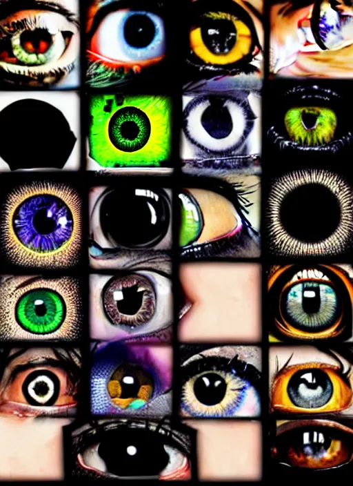 Image similar to grid montage of cube shaped eyes, square shaped black dilated pupils, cube shaped irises, detailed colored textures, eyelashes, advanced art, art styles mix, from wikipedia, wet reflections in square eyes, sunshine light, hd macro photograph, from side, various eyelid positions, square black pupil centered