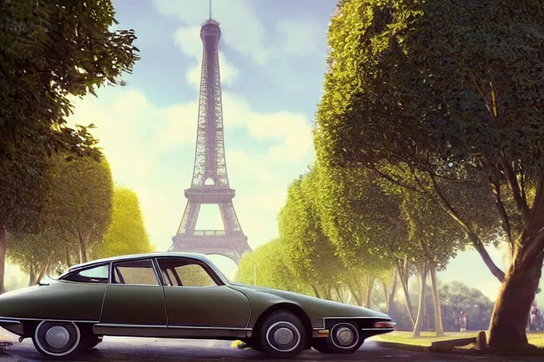 Image similar to a wholesome animation key shot of!! one!! focused! 1 9 7 4 citroen ds! in a tree lined paris street, view of eiffel tower, medium shot, studio ghibli, pixar and disney animation, sharp, very detailed, high resolution, rendered in unreal engine 5, anime key art by greg rutkowski, bloom, dramatic lighting