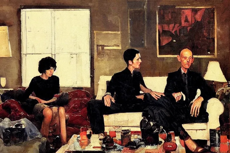 Prompt: a thin man and his wife sit on a sofa and argue in a dark living room, painted by phil hale and rick berry and dean cornwell and norman rockwell and jeremy mann, highly detailed
