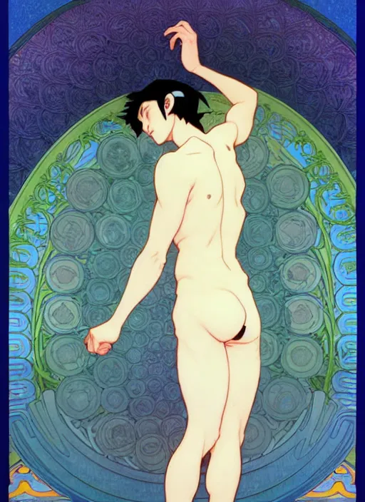 Image similar to handsome young man with short black hair, male, dressed in blue, looking down, half body shot, arms down, path traced, highly detailed, high quality, digital painting, by studio ghibli and alphonse mucha, hidari, art nouveau, chiho aoshima, posuka demizu, atey ghailan