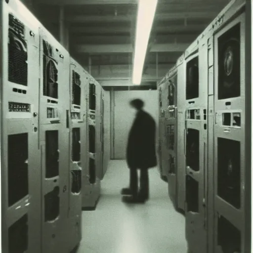 Prompt: grainy underexposed photo of Marcel Duchamp in a machine room full of ancient computers, tri-x, Trent Parke, Rinko Kawaichi, archival pigment print, occult dream, contemporary art