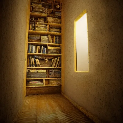 Image similar to secret room upstairs, above the family room, behind the wall, accessible by knowing, secret entrance, comforting and familiar, organic, golden ratio, alive, only visited during dreams, where memories are stored but also forgotten only to be remembered again,