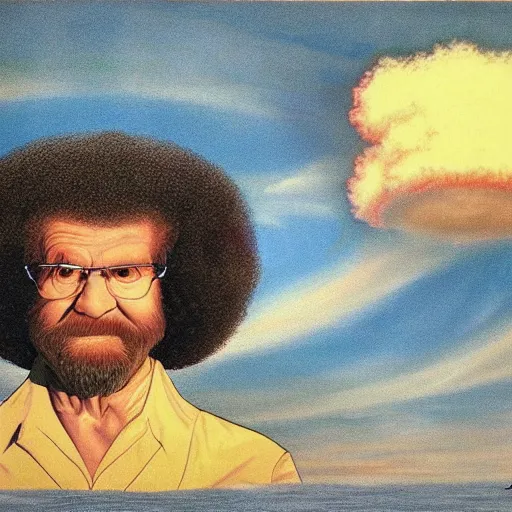 Image similar to nuclear mushroom cloud in shape of bob ross self portrait