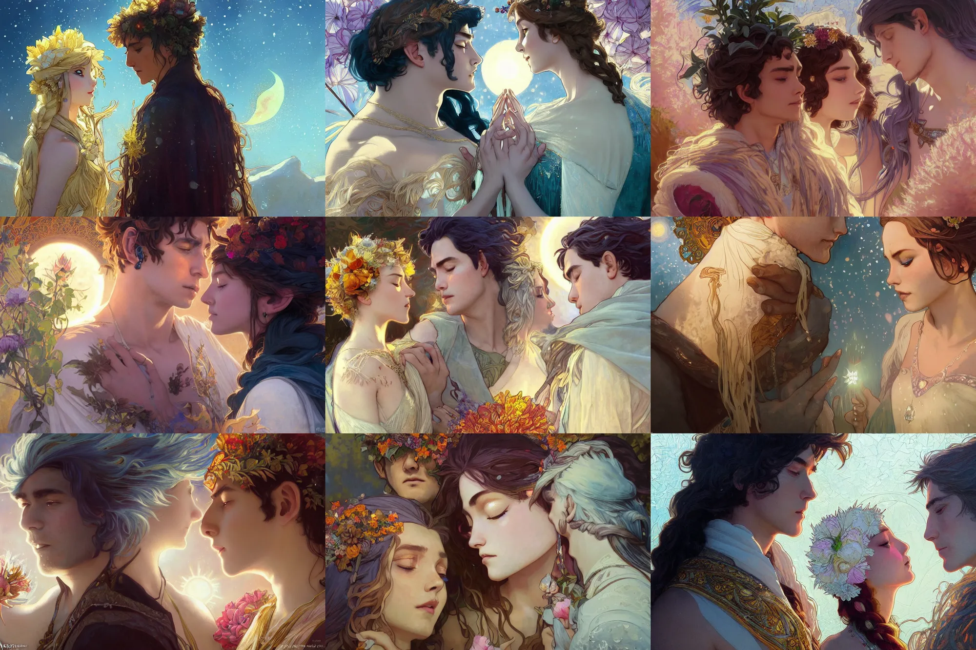 Prompt: a cinematic tender beautifully close up moment of a young sun god and moon goddess magician lovers facing each other portraits goodbye wearing boho sunhat with peonies, Frozen Klaus film, elegant, digital painting, artstation, concept art, illustration, Frozen II art masterpiece by art by Krenz Cushart, Artem Demura, alphonse mucha, yoji shinkawa, ArtGerm, Jon Lothian, Danilo Torres, Adi Meyers, Thomas Reimann, Gaston Bussiere