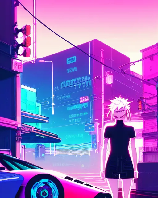 Image similar to digital illustration of cyberpunk pretty girl with pink hair, standing by a blue ford gt in a street at night, under streetlights, by makoto shinkai, ilya kuvshinov, lois van baarle, rossdraws, basquiat