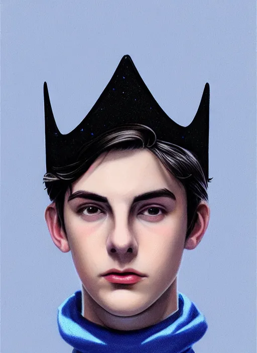 Image similar to portrait of teenage jughead jones wearing a light grey crown, crown, blue turtleneck, 1 9 5 0 s, closed eyes, photorealistic, black hair, glowing lighting, intricate, elegant, glowing lights, highly detailed, digital painting, artstation, concept art, smooth, sharp focus, illustration, art by wlop, mars ravelo and greg rutkowski