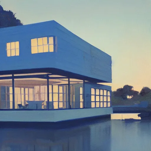 Image similar to farnsworth house painting by atey ghailan, blue hour, cinematic, masterpiece