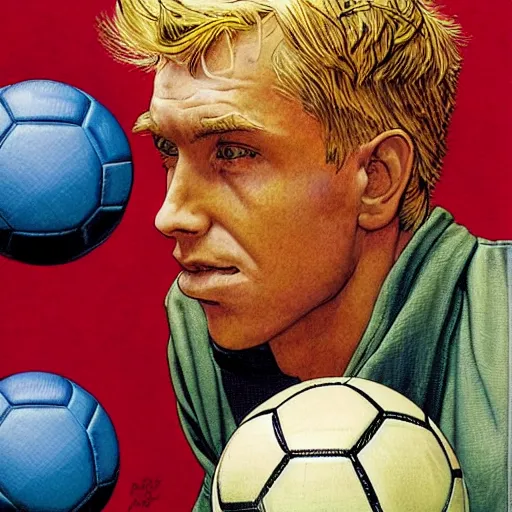 Prompt: a blonde man studying a soccer ball. happy, colorful Epic portrait by james gurney and mœbius.