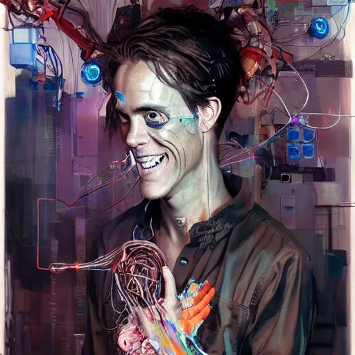 Image similar to zach greinke smiling as a cyberpunk hacker, wires cybernetic implants, in the style of adrian ghenie, esao andrews, jenny saville, surrealism, dark art by james jean, takato yamamoto