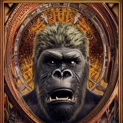 Image similar to portrait of king kong made with porcelain by Jeff Easley and Peter Elson + beautiful eyes, beautiful face + symmetry face + border and embellishments inspiried by alphonse mucha, fractals in the background, galaxy + baroque, gothic, surreal + highly detailed, intricate complexity, epic composition, magical atmosphere + masterpiece, award winning + trending on artstation