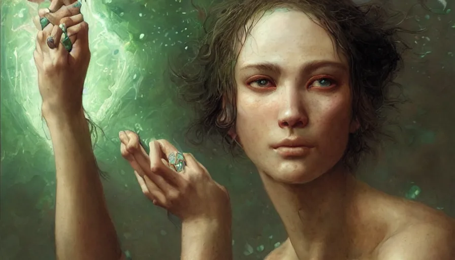 Image similar to epic masterpiece ignorance, drama, sweaty skin, hyperrealistic, octane render, cinematic, beautiful face and flawless skin, perfect hands, 5 fingers, emerald by Edgar Maxence and Ross Tran and Michael Whelan, Legends of Runeterra