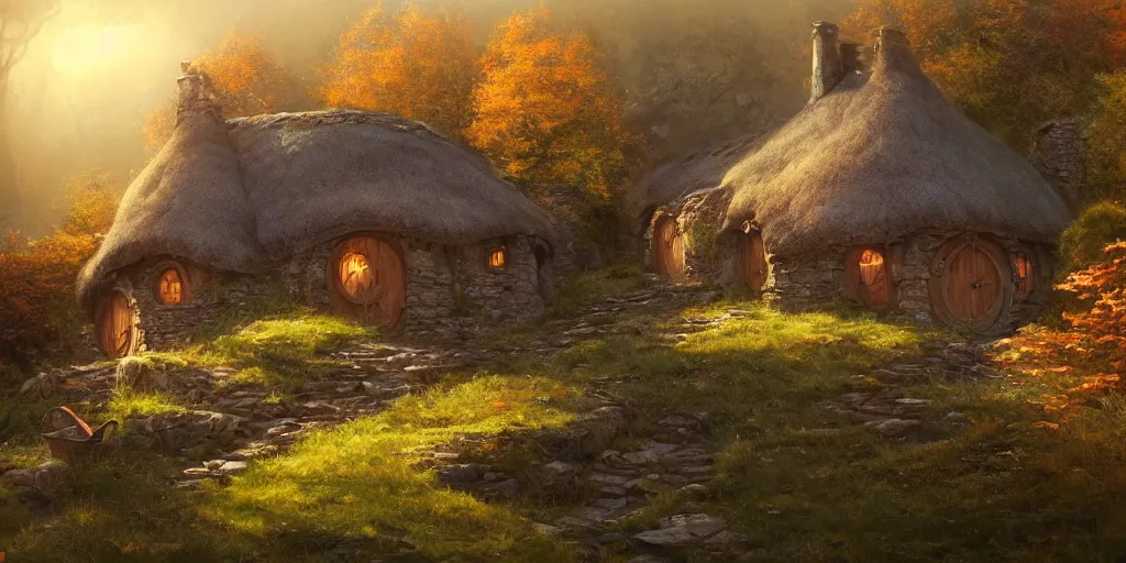 Image similar to a hobbit cottage on top of a steep hill, greg rutkowski, zabrocki, moebius, karlkka, jayison devadas, highly detailed, autumn sunlights, smoky atmosphere, ( ray of sunlight ), trending on artstation, 8 k, ultra wide angle, zenith view, pincushion lens effect