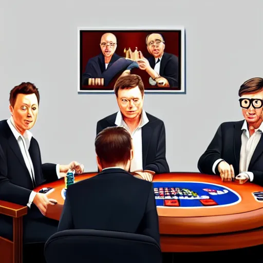 Prompt: UHD photorealistic Elon Musk playing poker with Satoshi Nakamoto, Klaus Schwab, and Bill Gates, trending on Artstation, hyperrealistic, correct details, symmetrical faces, accurate faces,