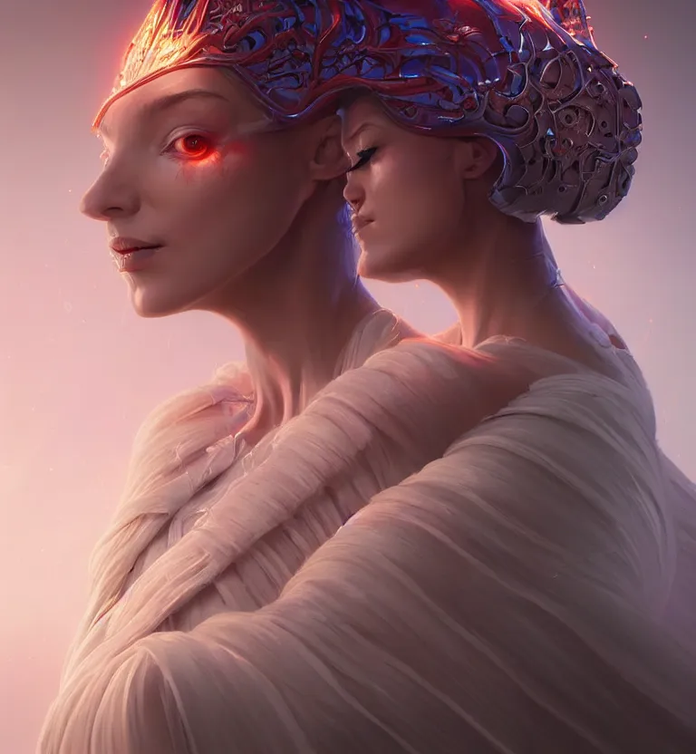 Image similar to portrait of a beautiful princess in robe. bio luminescent biomechanical halo around head. artwork by jarold Sng by artgerm, by Eddie Mendoza, by Peter mohrbacher by tooth wu, unreal engine, octane render, cinematic light, high details, iridescent colors, dichroic, macro