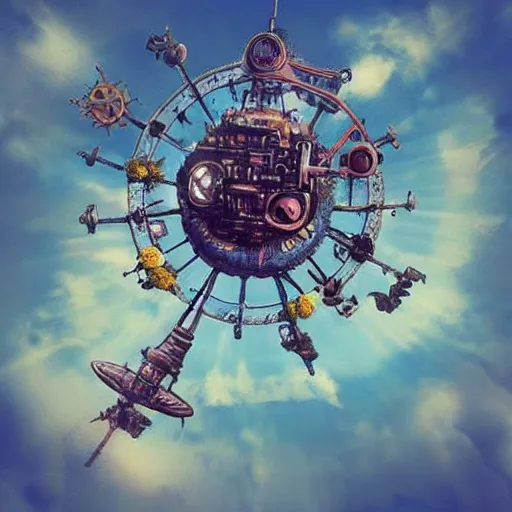 Prompt: flying city in a flower, sky, steampunk!!!, fantasy art, steampunk, masterpiece, octane