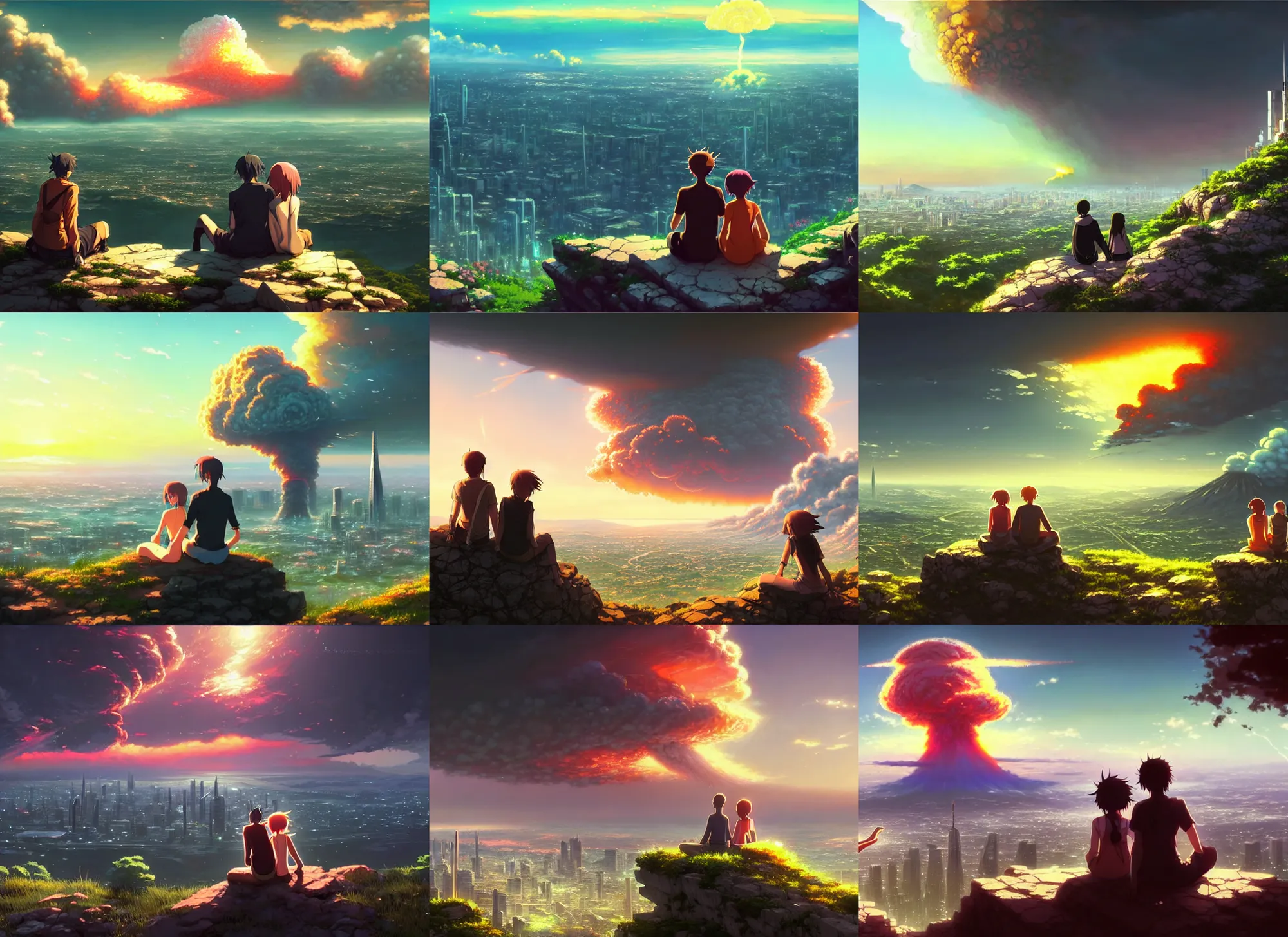 Prompt: a couple sitting on top of a rock covered floral serene hillside watching a nuclear explosion explosion in a distant city with skyscrapers, a detailed matte painting by makoto shinkai, apocalyptic art, sharp focus, anime asthetic, cgsociety, fantasy art, cinematic, artstation hq, vfxfriday, dystopian art