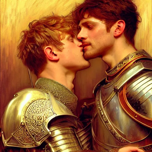 Image similar to attractive arthur pendragon and his attractive male knight, they are in love, natural lighting, path traced, highly detailed, high quality, digital painting, by gaston bussiere, craig mullins, alphonse mucha j. c. leyendecker