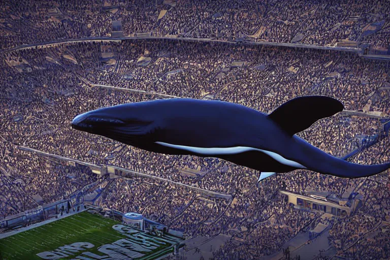 Image similar to whale flying above an NFL football game photograph realistic stadium lighting