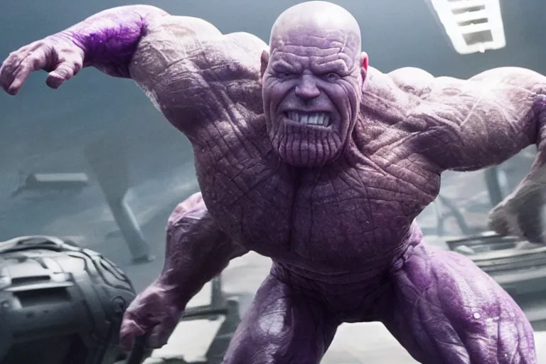 Image similar to promotional image of bald Bryan Cranston as Thanos in Avengers: Endgame (2019), purple skin color, dynamic action shot, laughing, movie still frame, promotional image, imax 70 mm footage