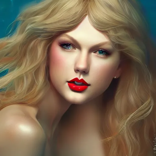 Image similar to portrait of taylor swift as a mermaid, detailed features, slim, beauty, radiance, elegance, by artgerm in the style of ilya repin, artstation, octane render, 8k