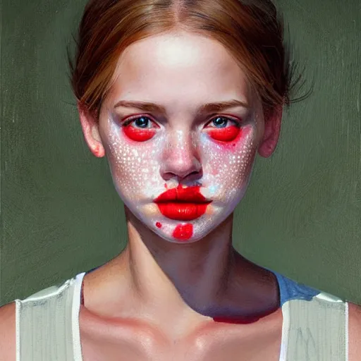 Image similar to Facial portrait of a pretty cottagecore girl, looking at the camera, slight awkward smile, lips slightly parted, some light freckles, no hands visible, extremely detailed painting by Greg Rutkowski and by Steve Henderson and by Harumi Hironaka