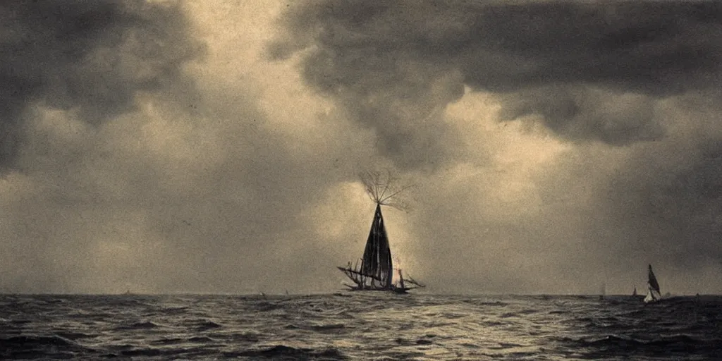 Prompt: a boat sailing in a thunderstorm where the clouds look like skulls, 1 9 0 0 s photograph