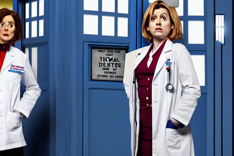 Prompt: doctor who, woman as a mad dentist in the tardis