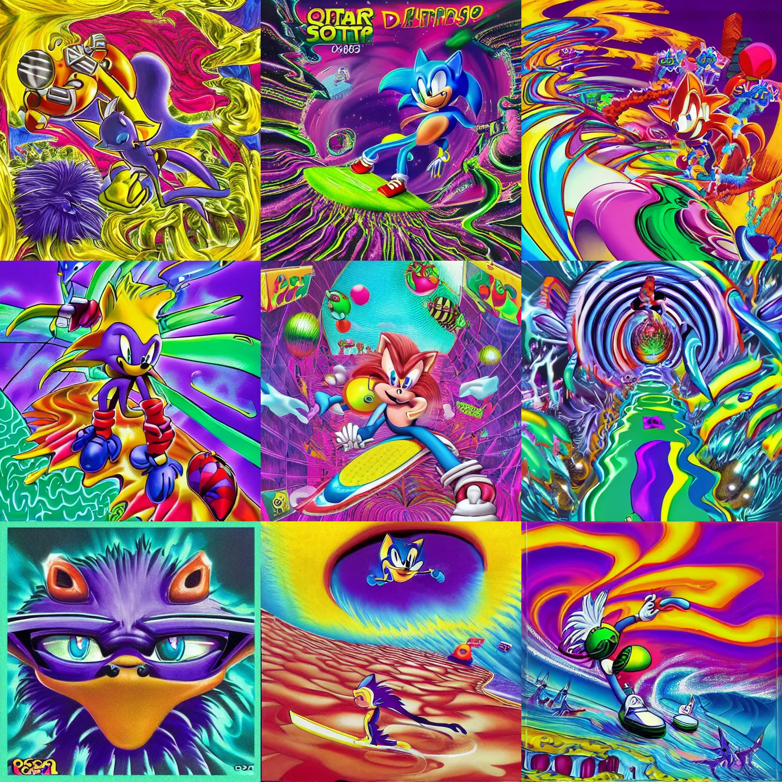 Prompt: surreal, sharp, detailed professional, high quality airbrush art MGMT album cover of a liquid dissolving LSD DMT sonic the hedgehog surfing through cyberspace, purple checkerboard background, 1990s 1992 Sega Genesis video game album cover