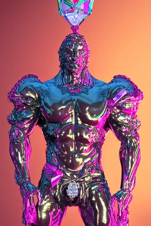 Image similar to hyper detailed ultra sharp fullbody photo of baroque and cyberpunk transparent pink gem sculpture of a muscular seductive muscular macho italian man feeling muy cachondo, muy dotado, iridescent humanoid deity wearing pink plastic seethrough cloak, holding a rainbow tiger gem, blue diamond, glowing pink face, crown of white diamonds, cinematic lighting, photorealistic, octane render 8 k