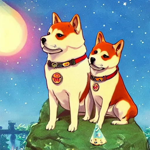 Image similar to shiba inu dogs singing happy birthday, Nintendo game art, Hayao Miyazaki, intricate detail, illustration, beautiful lighting,