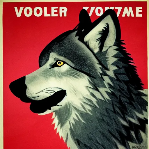 Prompt: wolf portrait, soviet propaganda poster style, populism, propaganda, lies, squint eyes