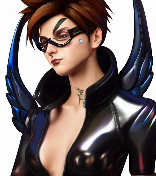 Image similar to portrait bust digital artwork of tracer overwatch, wearing black iridescent rainbow latex, 4 k, expressive happy smug expression, makeup, in style of mark arian, angel wings, wearing detailed black leather collar, chains, black leather harness, detailed face and eyes,