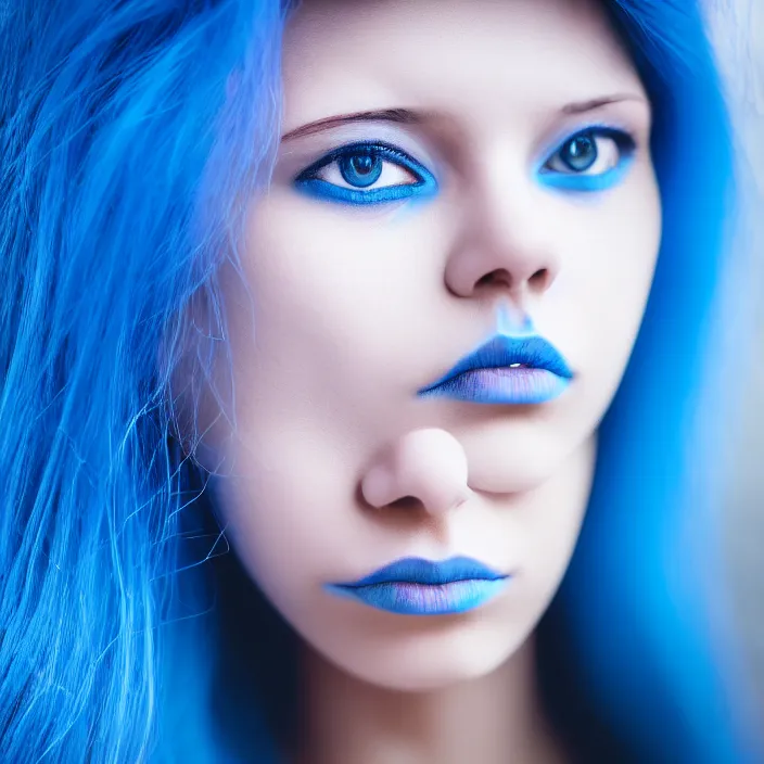 Prompt: photograph of a woman with blue skin!!!!!!!!!!. extremely detailed. dslr. 5 0 mm.