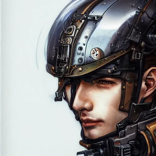 Image similar to portrait of a man by ayami kojima, japanese, he is about 2 0 years old, black short hair with bangs, he is wearing a steampunk tactical gear, highly detailed portrait, digital painting, artstation, concept art, smooth, sharp foccus ilustration, artstation hq