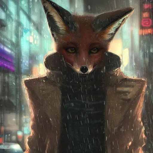 Image similar to beautiful portrait of a female anthro fox, smoking a cigarette in the rain, in crowded and wet street of a city, melancholic, cyberpunk, harsh neon lights, highly detailed, deep shadows, digital painting, shallow depth of field, illustration, art by sakimichan and greg rutkowski