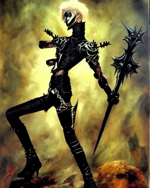 Image similar to portrait of an androgynous skinny punk goth sorcerer wearing armor by simon bisley, john blance, frank frazetta, fantasy