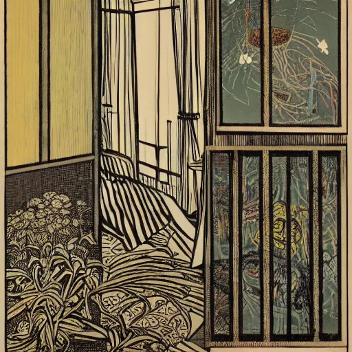 Prompt: a liminal hotel room, colored woodcut, poster art, by Mackintosh, art noveau, by Ernst Haeckel